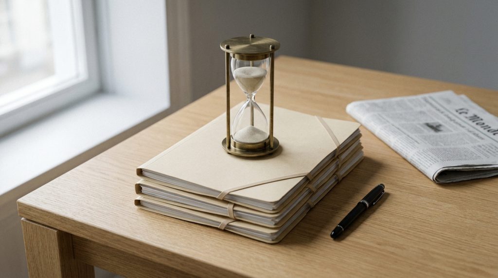 Sablier en laiton posé sur une pile de dossiers manille à côté d'un stylo et d'un journal — illustration symbolisant la durée raccourcie d'indemnisation chômage après rupture conventionnelle (loi 2026-470 du 11 juin 2026)