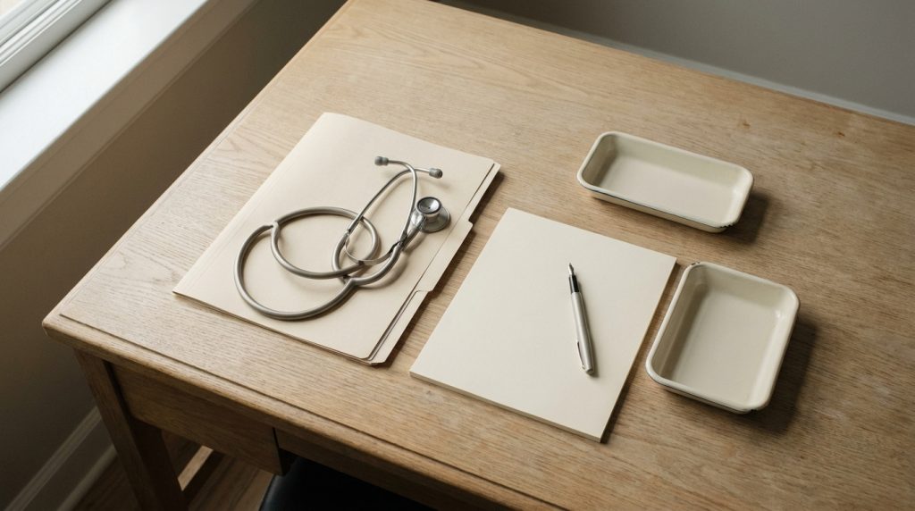 Bureau médical sobre : stéthoscope, dossier et stylo, lumière de fenêtre