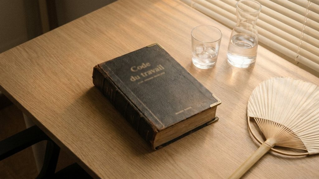 Un Code du travail relié, un verre d'eau et un éventail sur un bureau baigné de lumière chaude