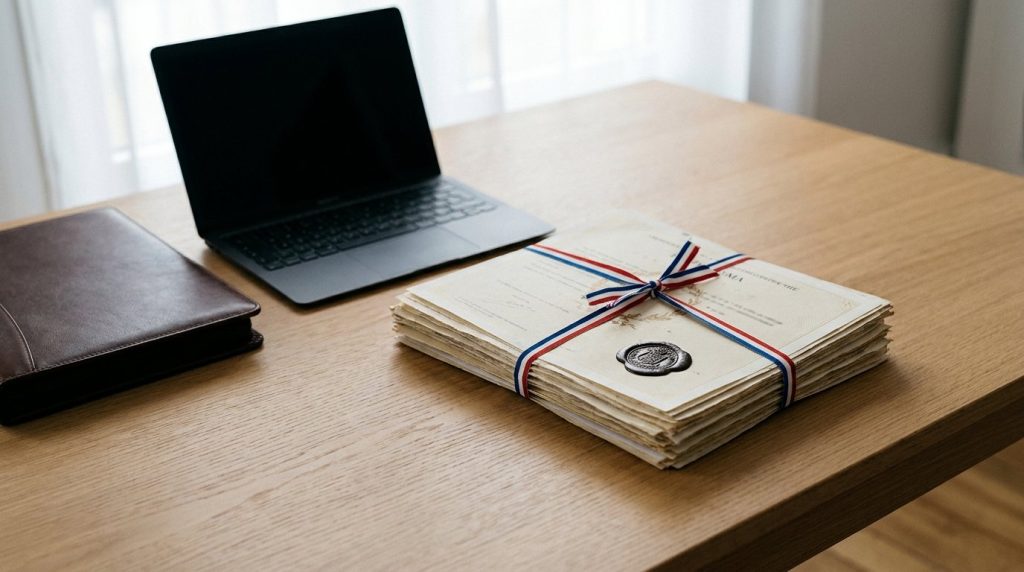 Diplômes et certifications reliés par un ruban tricolore avec sceau, sur un bureau, à côté d'un ordinateur portable