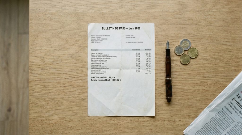 Bulletin de paie illustrant la revalorisation du SMIC au 1er juin 2026 — illustration générée par IA