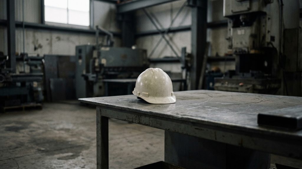 Casque de chantier posé sur un établi dans un atelier industriel — illustration générée par IA