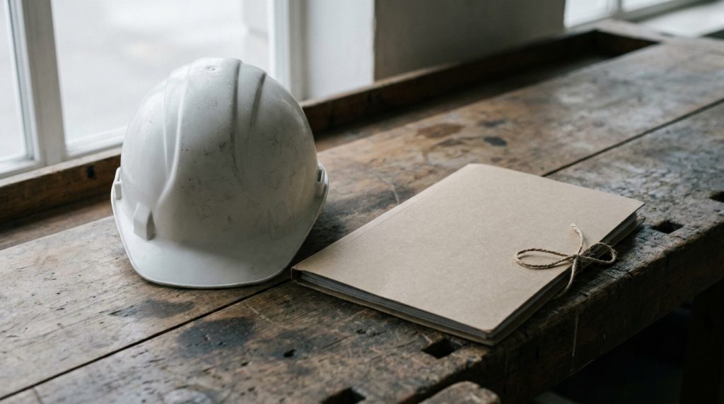 Casque de chantier blanc et dossier kraft posés sur un établi en bois