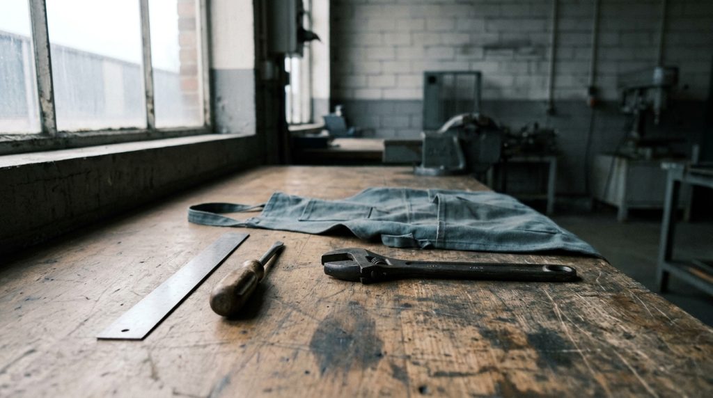 Outils à main et tablier de travail plié posés sur un établi dans un atelier de formation