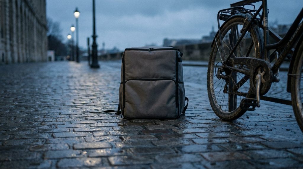 Un sac isotherme de livraison posé sur un trottoir pavé mouillé au crépuscule, à côté d'un vélo garé