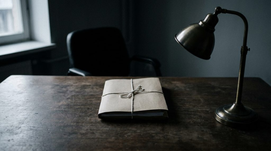 Un dossier kraft fermé, ficelé, posé sur un bureau en bois près d'une lampe éteinte, dans un bureau vide