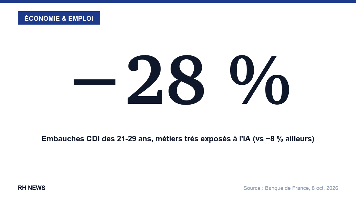 −28 % : embauches CDI des 21-29 ans dans les métiers très exposés à l'IA, contre −8 % ailleurs